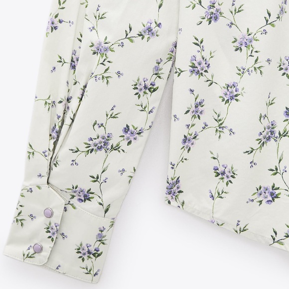 ZARA Beautiful Floral Top Long Sleeves Quilted Yoke Snap Closure Women’s Size M - Picture 7 of 12
